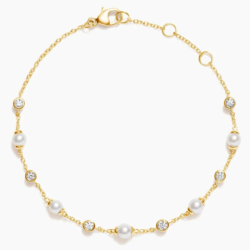 14K Gold Adjustable Bracelet With Pearl And Accent Diamonds