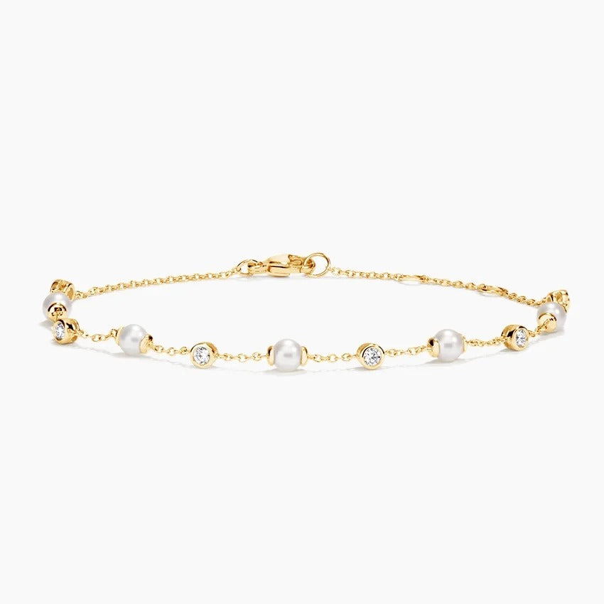 14K Gold Adjustable Bracelet With Pearl And Accent Diamonds