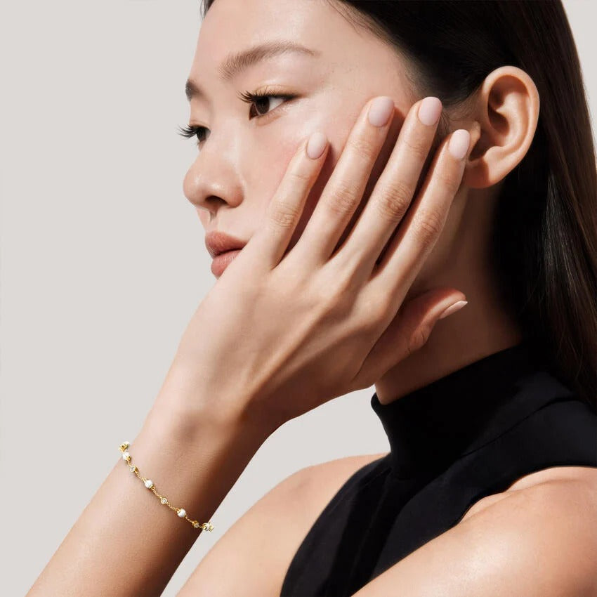14K Gold Adjustable Bracelet With Pearl And Accent Diamonds