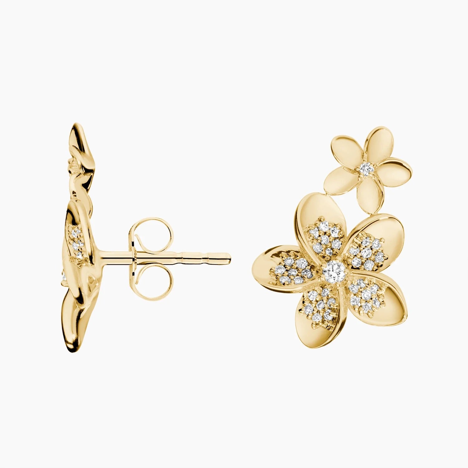 14K Gold Double Flower Diamond Stud Earrings