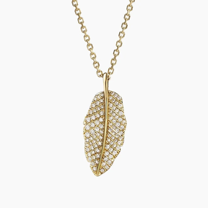 14K Gold Fully Diamond Paved Feather Pendant Necklace