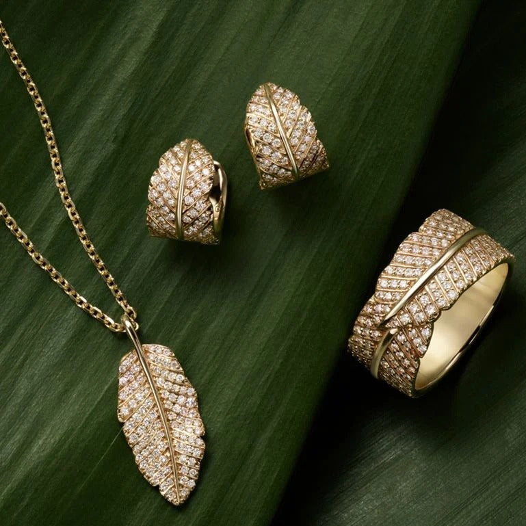14K Gold Fully Diamond Paved Feather Pendant Necklace