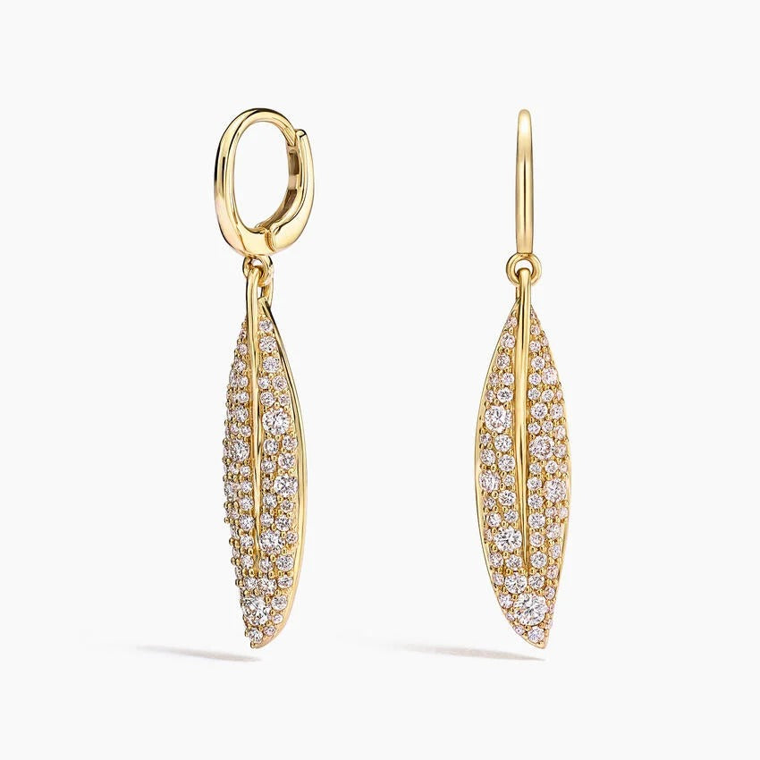 14K Gold Long Willow Leaf Ear Clips Fully Set with Diamonds