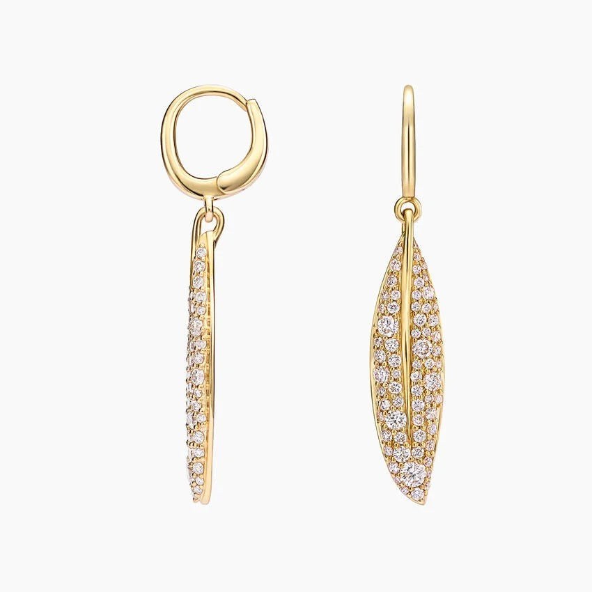 14K Gold Long Willow Leaf Ear Clips Fully Set with Diamonds