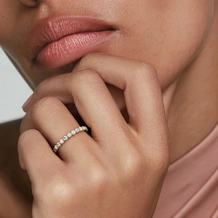 14K Gold Plated Delicate Eternity Band with Round Diamonds