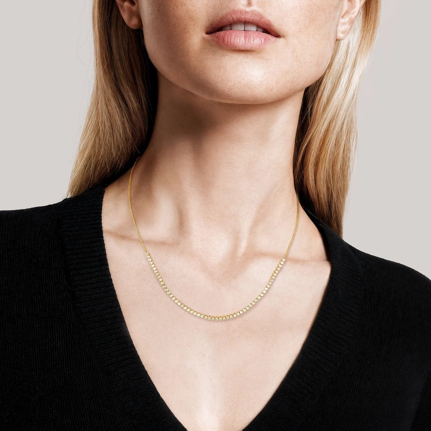 14K Gold Round Diamond Tennis Necklace With Bezel Bubble Settings