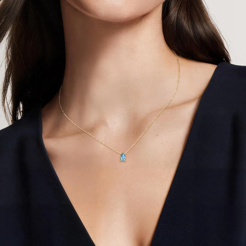 14K Gold Three Prong Pear Shaped Sapphire Collarbone Necklace