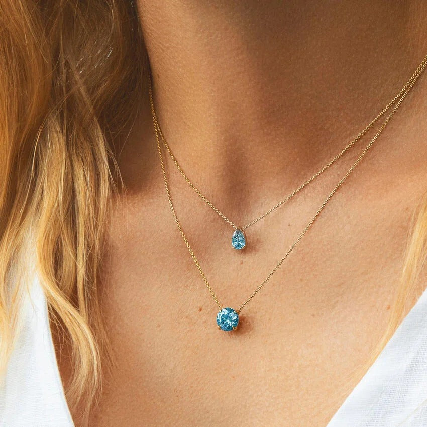 14K Gold Three Prong Pear Shaped Sapphire Collarbone Necklace