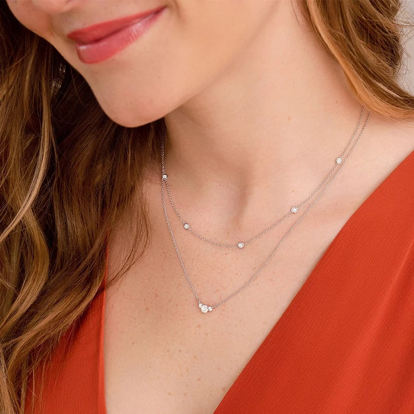 14K White Gold Three Diamond Simple Collarbone Necklace