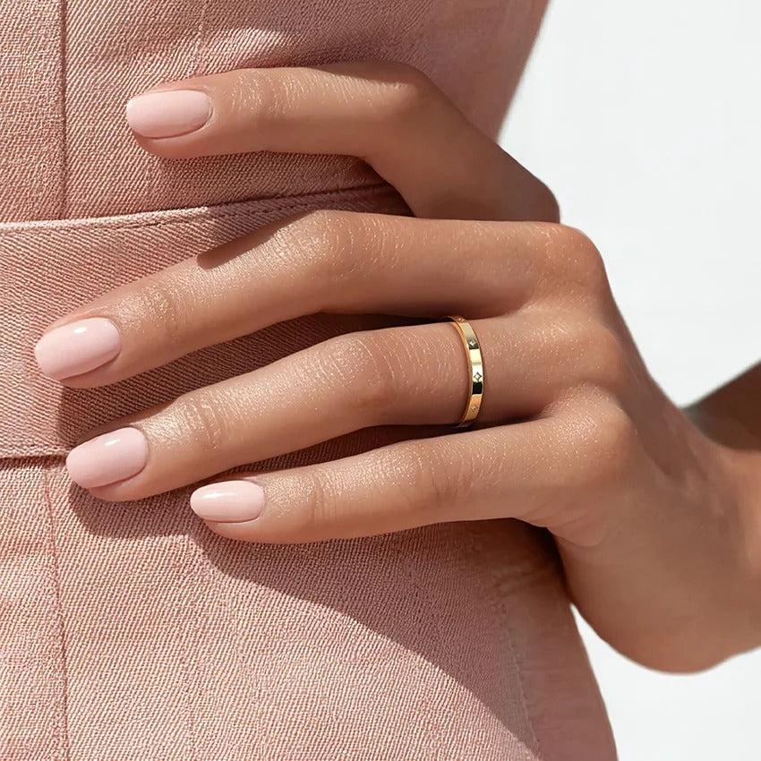 Diamond Accented Flat Edge 14K Gold Plated Ring