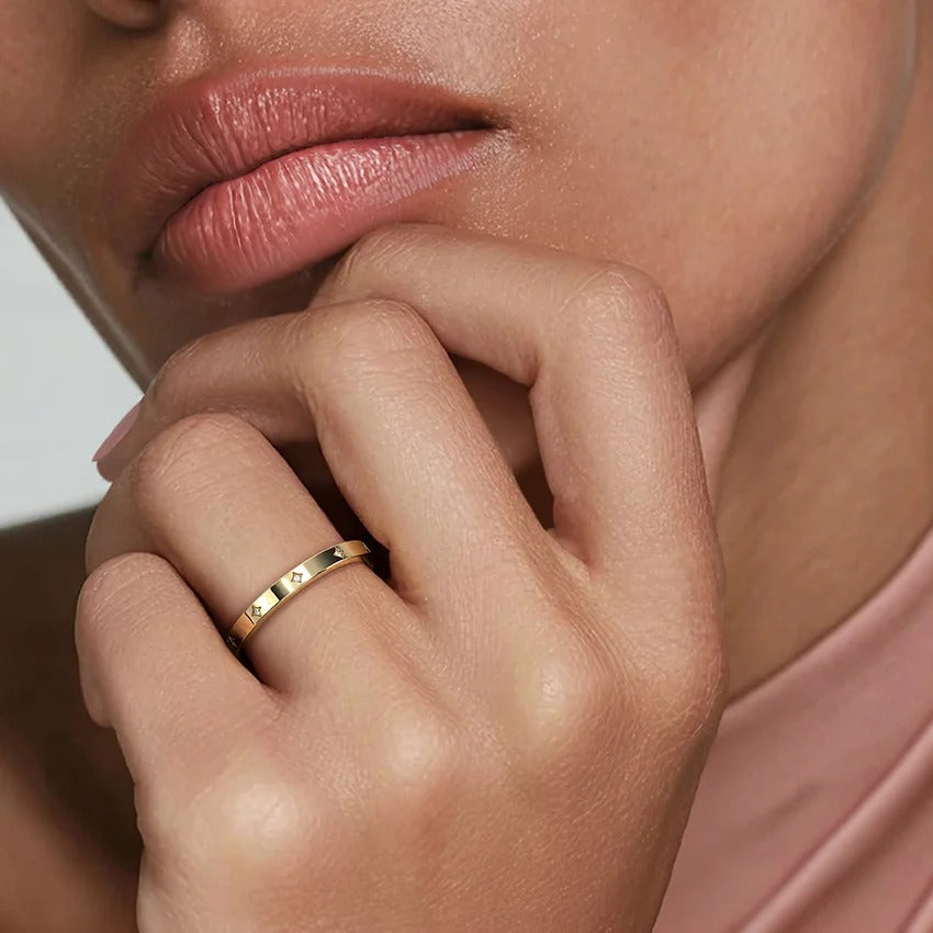 Diamond Accented Flat Edge 14K Gold Plated Ring