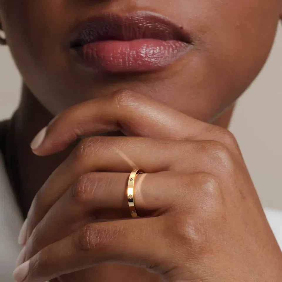 Diamond Accented Flat Edge 14K Gold Plated Ring