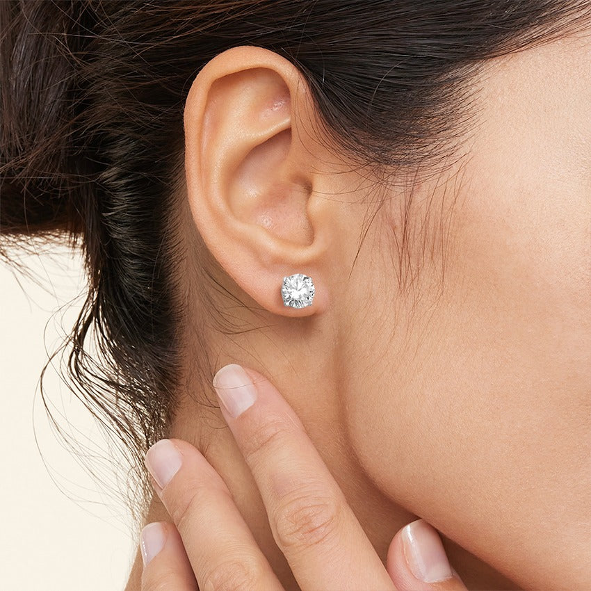 Four Prong Round Moissanite Silver Stud Earrings