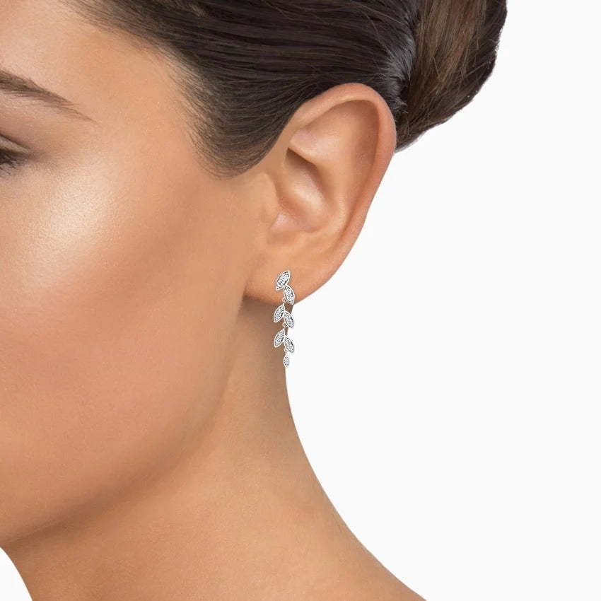 Platinum Long Drop Earrings With Full Diamond Pavé